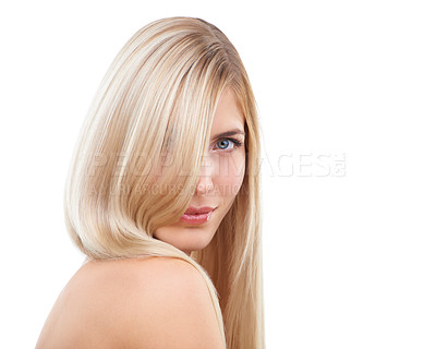 Buy stock photo Studio portrait of a young woman with long blonde hair