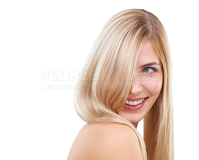 Buy stock photo Straight hair, beauty and smile of woman in makeup isolated on a white studio background. Face, hairstyle and blonde model in cosmetics, thinking or salon treatment at  hairdresser for care on mockup