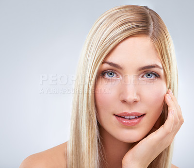 Buy stock photo Skincare, hand and portrait of blonde woman, hair and beauty makeup isolated on white studio background. Face, touch or hairstyle of young model in cosmetics, hairdresser and salon treatment for glow