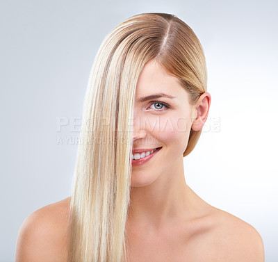 Buy stock photo Straight hair, beauty and portrait of happy woman in makeup isolated on a white studio background. Face, hairstyle and smile of blonde model in cosmetics, hairdresser and salon treatment for skincare