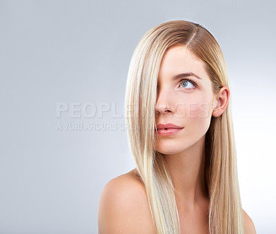 Buy stock photo Straight hair, beauty or serious woman in makeup for care isolated on white studio background. Face, hairstyle or blonde model in cosmetics, hairdresser or thinking of salon treatment on mockup space