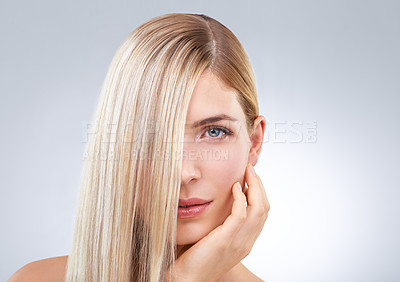 Buy stock photo Straight hair, hand and portrait of blonde woman, beauty and makeup isolated on a white studio background. Face, touch and hairstyle of model in cosmetics, skincare or salon treatment on mockup space