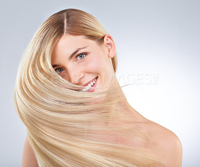 Buy stock photo Hair care, shake and portrait of happy woman, beauty or makeup isolated on white studio background. Face, smile and hairstyle of blonde model in cosmetics, hairdresser or salon treatment for glow