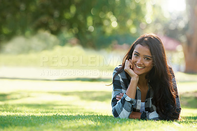 Buy stock photo Space, portrait or happy woman on grass to relax for rest in park, nature or field for peace. Mockup, travel or female person on break with smile on outdoor summer vacation or holiday on lawn in USA