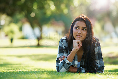 Buy stock photo Ideas, nature or woman thinking on grass to relax for rest in garden, park or field with peace. Daydream, vision or female person on break with smile for summer vacation, holiday or wellness on lawn 