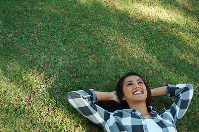 Buy stock photo Mockup, park or happy woman on grass to relax for rest in garden, nature or field for peace. Space, travel or female person on break with smile on outdoor summer vacation or holiday on lawn in USA 