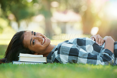 Buy stock photo Portrait, grass or happy woman in park with books for learning knowledge, information or education. Smile, textbook or student in nature for studying break or peace on college campus lawn to relax