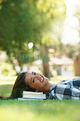 Buy stock photo Books, student and portrait of woman in park for studying,  learning or reading outdoors. Education, knowledge and happy person with textbooks relax, rest and smile on grass for university or college