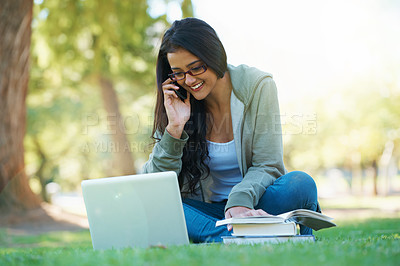 Buy stock photo Woman, park and laptop with textbook, glasses and cellphone for study, learning and college. Latino student, garden and technology for research, communication and university for online education