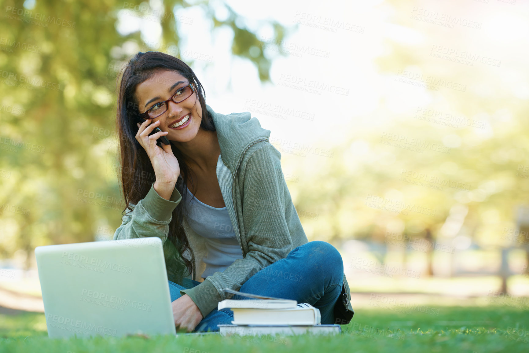 Buy stock photo Woman, park and cellphone with books, glasses and laptop for study, learning and college. Latino student, garden and technology for research, communication and university for online education