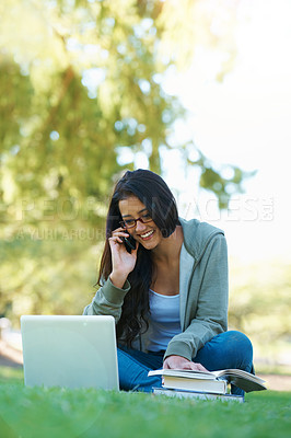 Buy stock photo Woman, garden and mobile phone with book, glasses and laptop for study, learning and college. Latino student, park and technology for research, communication and university for online education