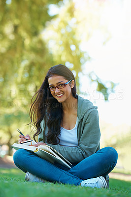 Buy stock photo Writing, books and portrait of woman in park for studying,  learning and reading on campus outdoors. Education, knowledge and happy person with notes, textbooks and ideas for university or college