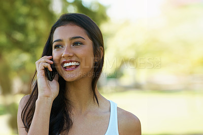 Buy stock photo Phone call, smile and woman in a park, conversation and happiness with network and speaking. Person, outdoor and girl with a cellphone and summer with communication and cheerful with a contact or app