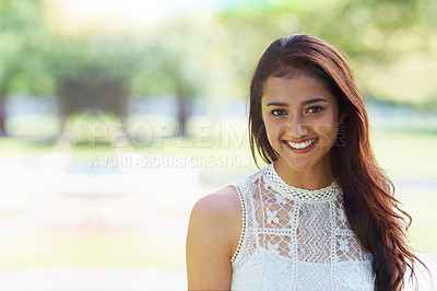 Buy stock photo Woman, portrait and happy relaxing in park or garden, smiling and joyful on summer holiday. Female person, peace and enjoy vacation in countryside, outdoors and calm on weekend adventure in nature