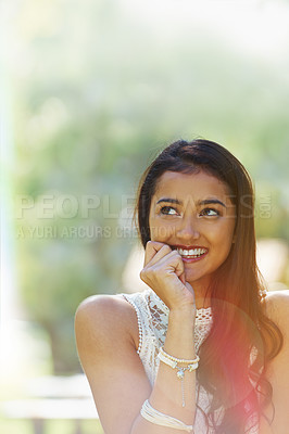Buy stock photo Nature, thinking and woman happy for traveling, smile and daydreaming on vacation in garden for peace. Female person, countryside and enjoy the holiday in outdoors, adventure and calm on mockup space