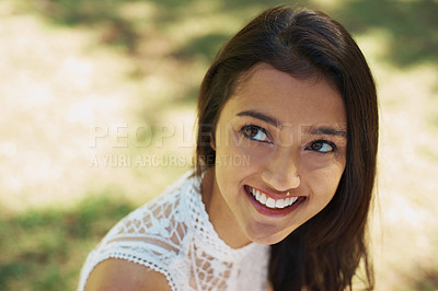 Buy stock photo Woman, smile and relaxing in park or garden, satisfaction and joyful on summer holiday. Female person, peace and enjoying vacation in countryside, outdoors and calm on weekend adventure in nature