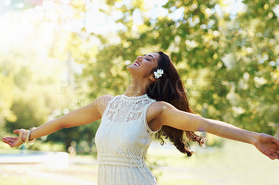 Buy stock photo Nature, freedom and woman dancing in park, smiling and relaxed on vacation in garden for peace. Happy female person, fun and enjoyment on holiday in outdoors, adventure and travel to countryside