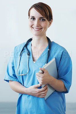 Buy stock photo Smile, tablet and portrait of nurse in hospital for medical diagnosis or treatment research. Happy, pride and confident young female healthcare worker with digital technology in medicare clinic.