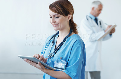 Buy stock photo Research, tablet and female nurse in hospital for medical diagnosis or treatment information. Professional, nursing and young woman healthcare worker with digital technology in medicare clinic.