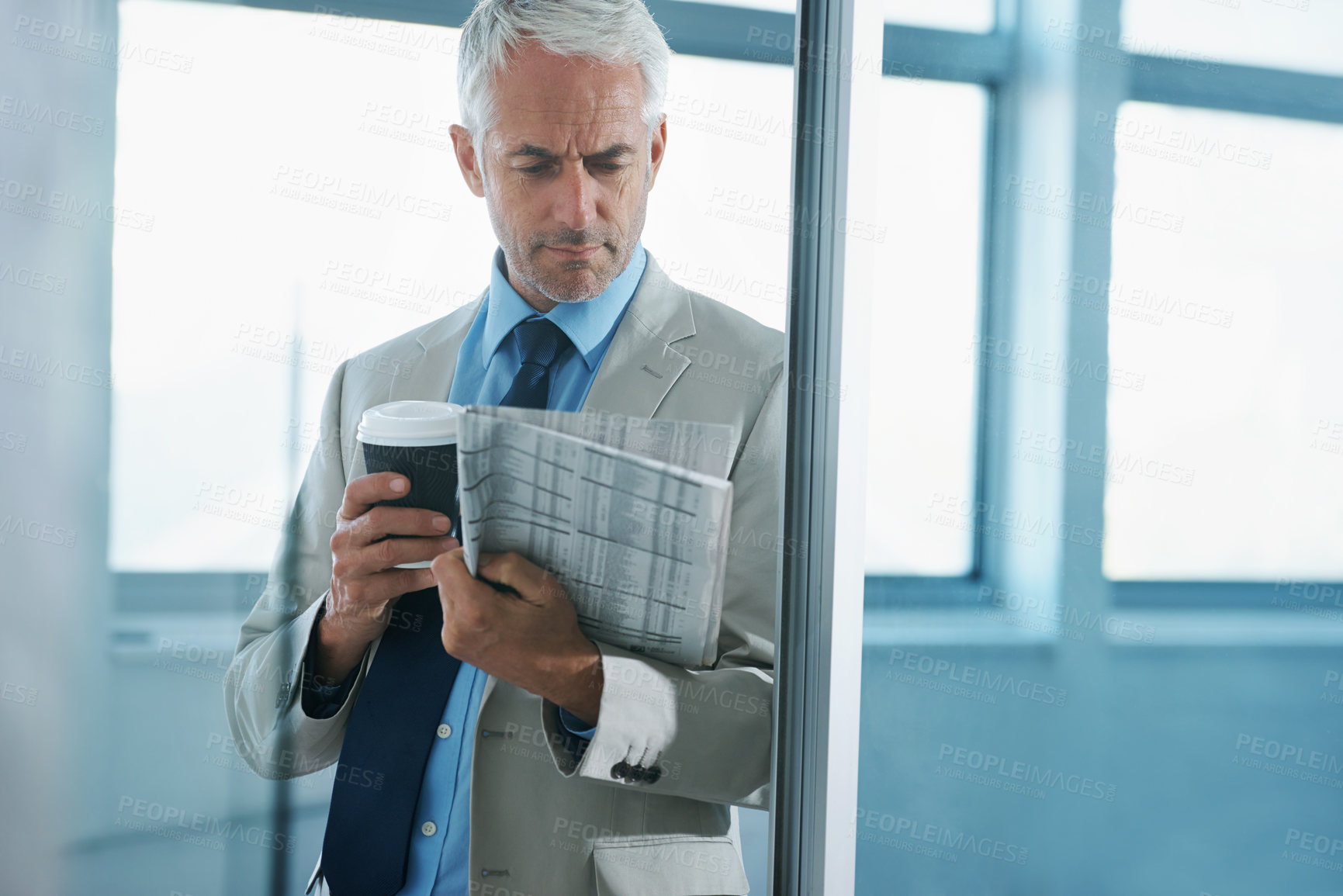 Buy stock photo Businessman, reading and newspaper or concern of article or international press, stock market or problem. Mature person, coffee and financial review or corporate professional, entrepreneur or stress