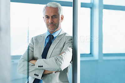 Buy stock photo Mature, businessman and portrait with confidence in company office as law attorney for client trust, entrepreneur or professional. Male person, face and ceo for corporate startup, pride or career