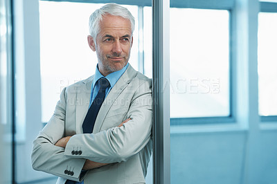 Buy stock photo Businessman, mature and thinking in corporate office for consulting firm growth, achievement or target. Male person, professional and thought with confidence for company future, idea or brainstorming