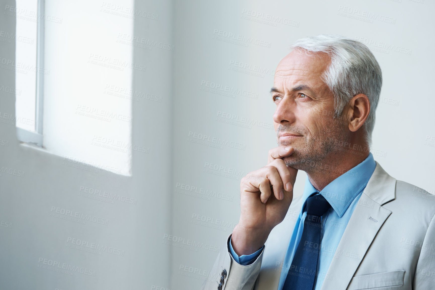 Buy stock photo Thinking, mature and businessman at office in suit, looking at window and confident with thoughts. Corporate, executive and professional with experience in business with wisdom and ideas for future