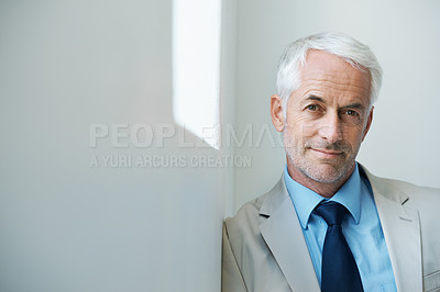 Buy stock photo Portrait, mature man and corporate in suit with copy space, confidence and serious look with determination at office. Businessman, executive and professional with experience, wisdom and success.