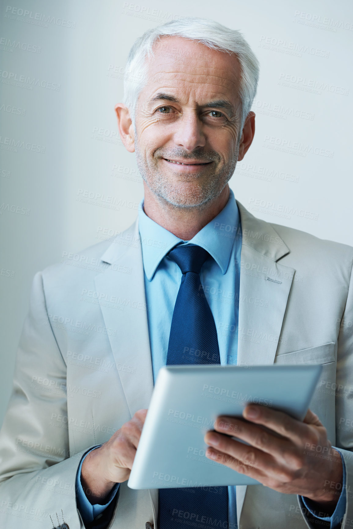 Buy stock photo Portrait, man and CEO with tablet in corporate for networking, communication or task management with confident smile. Male person, boss and technology for planning, agenda or research in office