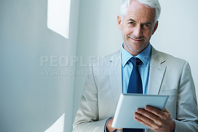 Buy stock photo Portrait of businessman, CEO and tablet in office for research, communication or task management with confident smile. Male leader, face and technology for planning, agenda or networking in corporate