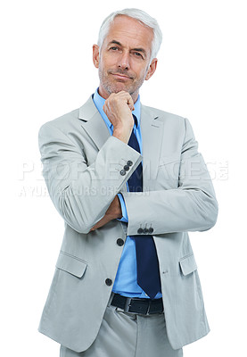 Buy stock photo Studio, portrait or mature businessman with thinking in fashion suit or professional worker by white background. Senior person, face and idea in accounting career with  planning and problem solving