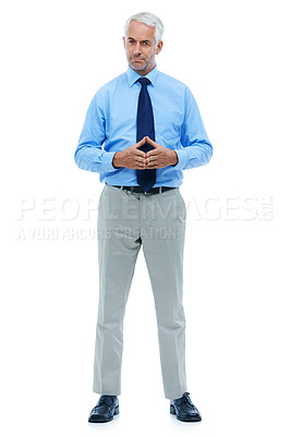 Buy stock photo Studio, portrait or mature businessman for serious in suit or office worker with gesture by white background. Senior person, face or ambition in accounting career or professional with company mission