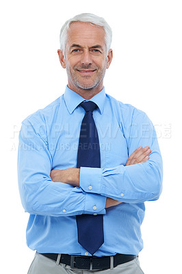 Buy stock photo Studio, portrait or senior businessman with arms crossed for  confident in job and professional worker in mockup. Mature person, face or pride in accounting career or fashion suit by white background