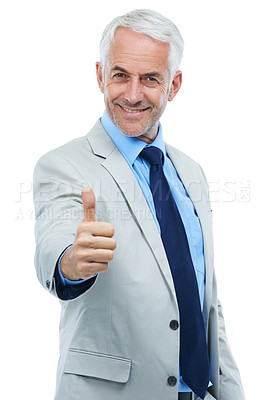 Buy stock photo Senior businessman, portrait and thumbs up for approval in studio, agreement and thank you or great. Male person, ceo and happy entrepreneur on white background, positive feedback and promotion