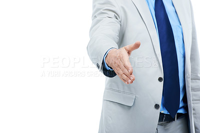 Buy stock photo Businessman, studio and handshake offer for introduction, meeting and hiring on white background. Male person, hr manager and hello in interview, recruitment and onboarding or b2b on mockup space