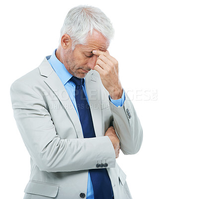 Buy stock photo Studio, headache and senior businessman frustrated in mockup and attorney with migraine. Mature person, mistake and fatigue with burnout in lawyer job, work and legal fail by white background