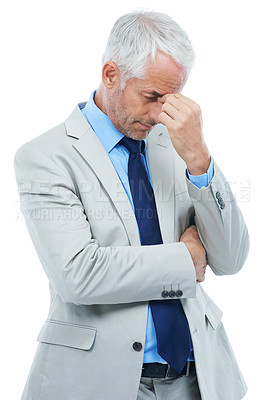 Buy stock photo Business man, headache and stress against a white background about accounting. Manager pain from migraine, pressure working on financial project and budget fail or trading for stock market mistake