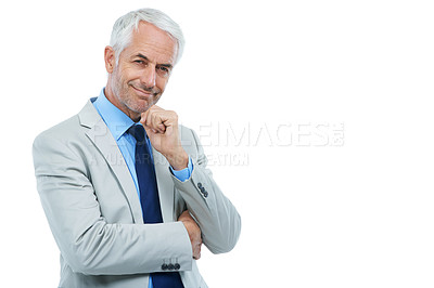 Buy stock photo Thinking, portrait and mature businessman with confidence as lawyer in white background, studio and mockup. Professional, attorney and legal advisor for problem solving consultant in law or business