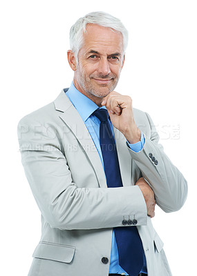 Buy stock photo Happy, portrait and mature businessman with confidence as lawyer in white background, studio and mockup. Professional, attorney and pride as corporate legal advisor and consultant of law in business