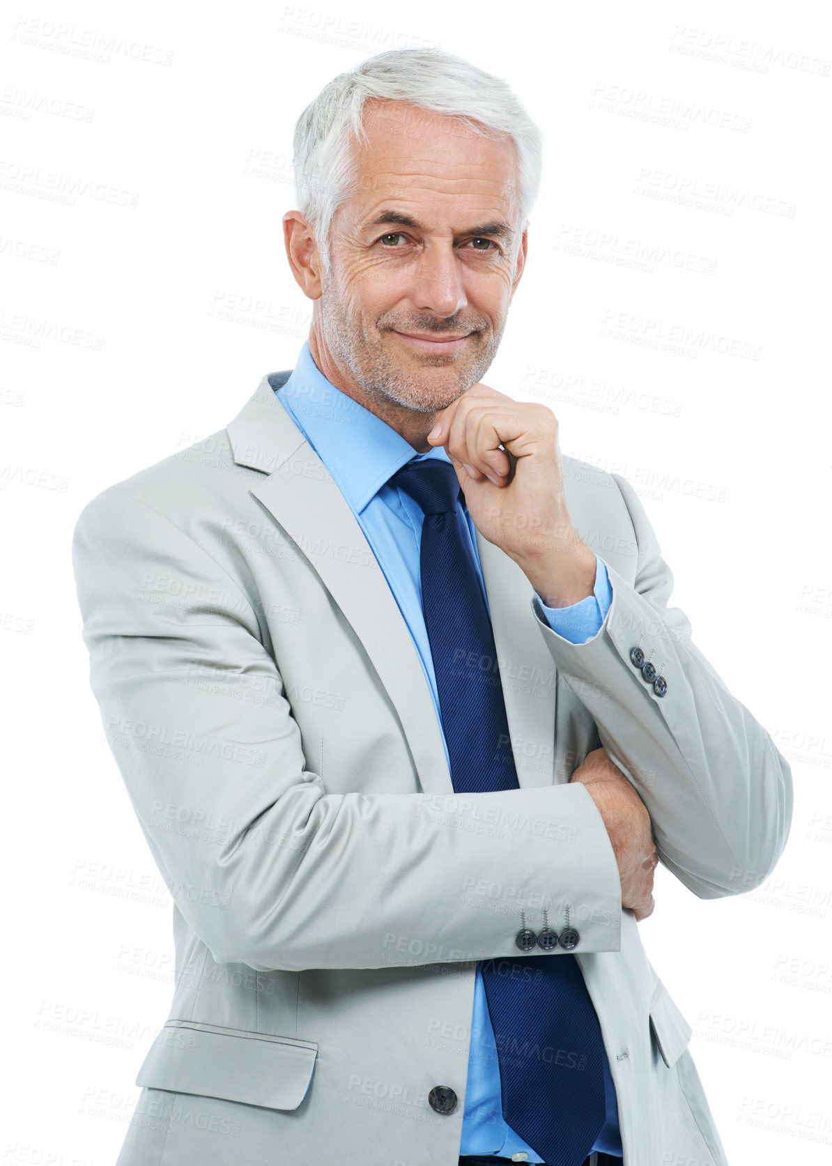 Buy stock photo Happy, portrait and mature businessman with confidence as lawyer in white background, studio and mockup. Professional, attorney and pride as corporate legal advisor and consultant of law in business