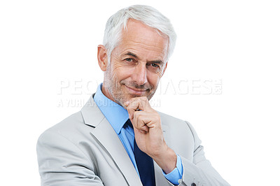 Buy stock photo Confident, portrait and mature businessman or lawyer in white background, studio and mockup. Professional, attorney and pride as corporate legal advisor and consultant of law for business decision