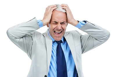 Buy stock photo Stress, shouting and senior business man in studio with anxiety, fear or mistake on white background. Screaming, anger and elderly male entrepreneur with mental health crisis, disaster or frustrated