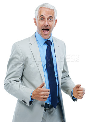 Buy stock photo Studio, portrait or mature businessman in surprise for bonus or professional worker with good news. Senior lawyer, face or shock for deal announcement or excited for winning by white background