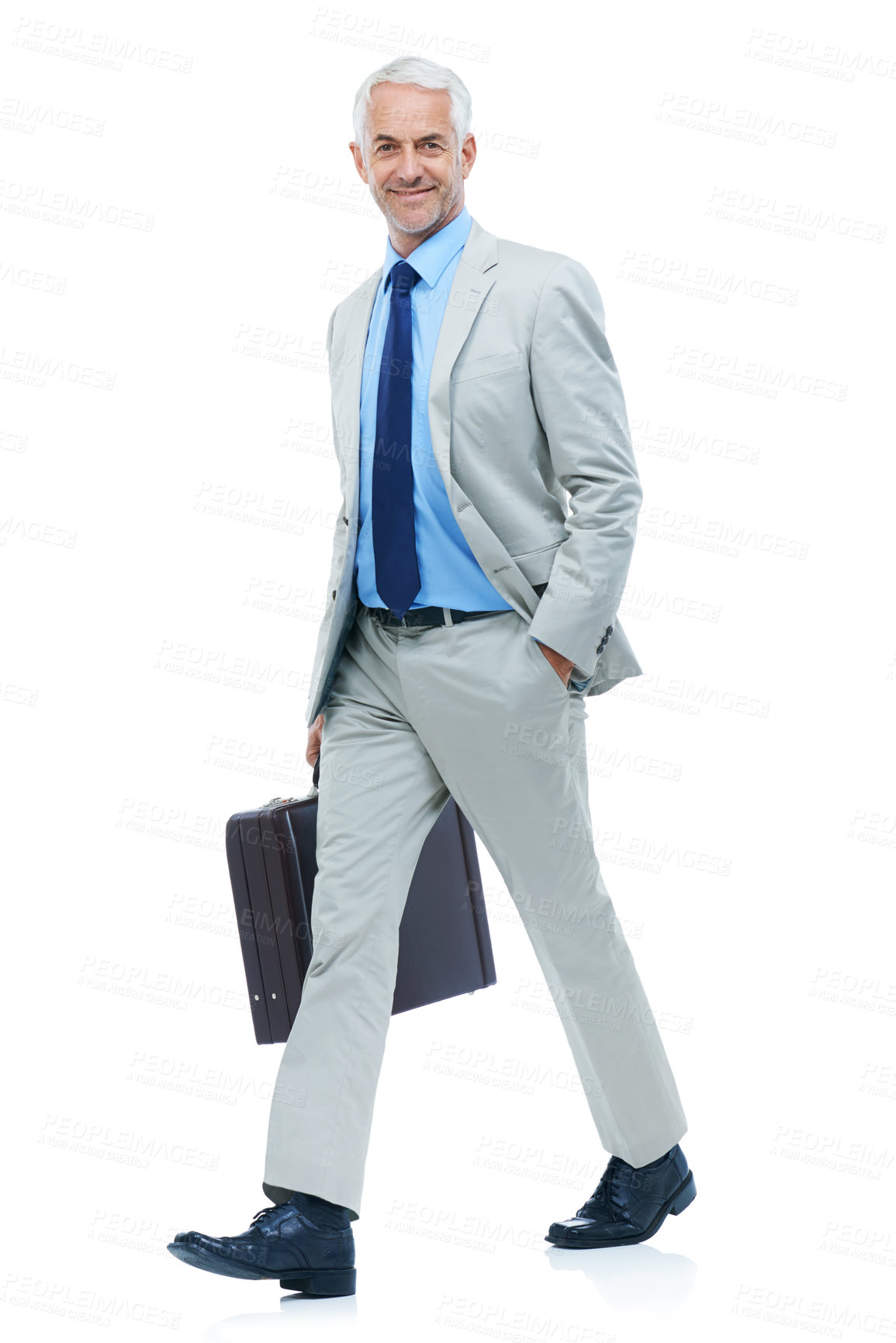 Buy stock photo Studio, portrait or mature businessman for walk in confidence or travel with briefcase in professional career. Senior person, face or happy in accounting job, mockup or journey by white background