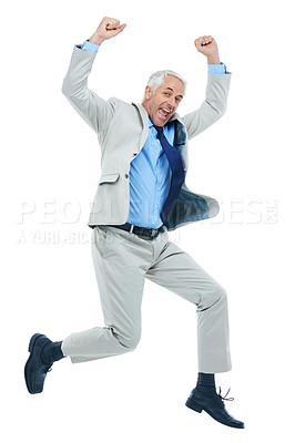 Buy stock photo Full length studio shot of a mature businessman jumping for joy isolated on white