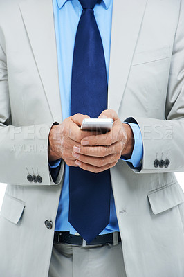 Buy stock photo Hands, phone and businessperson in studio for communication, research and typing a message. Closeup, professional and internet or voip for online conversation, email and app on white background