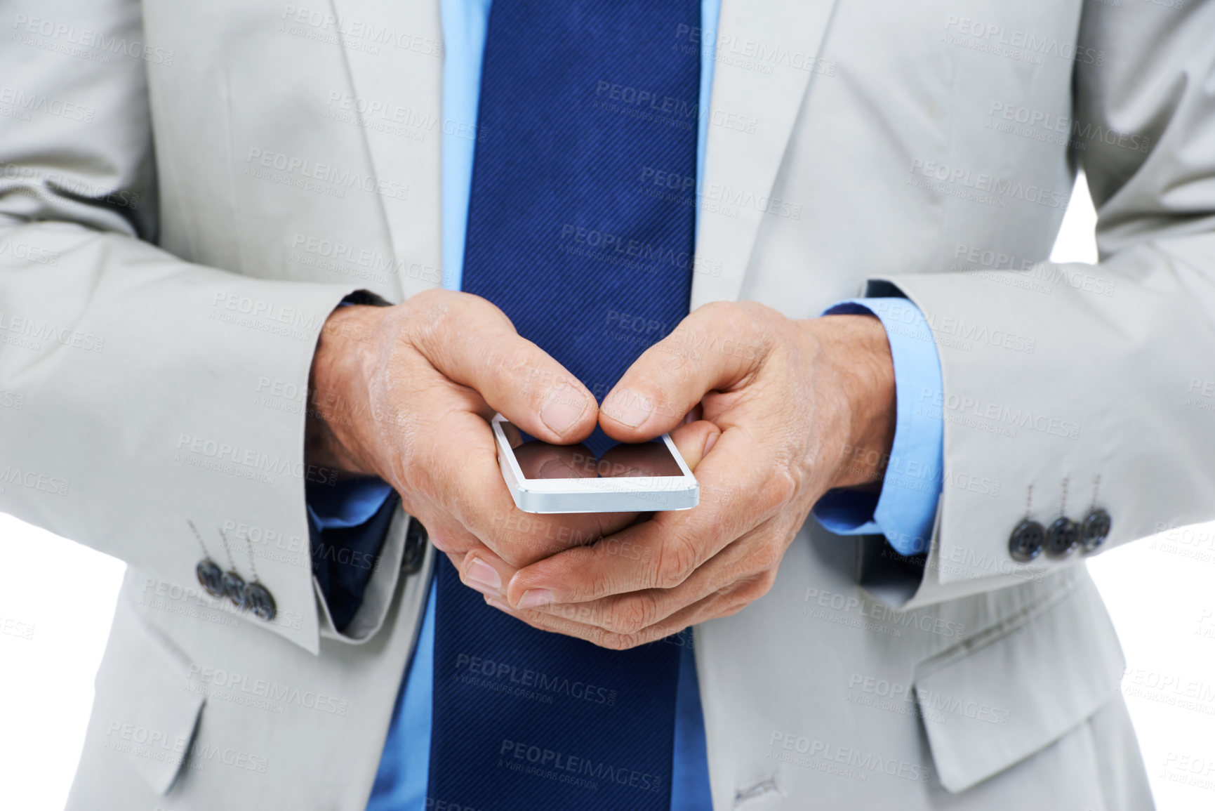 Buy stock photo Hands, phone and businessperson in studio for networking, communication and typing a message. Closeup, professional and internet or voip for online conversation, email and app on white background