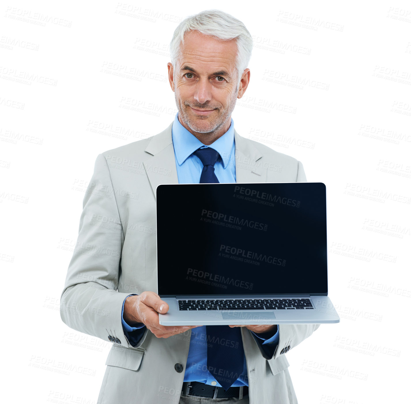 Buy stock photo Studio, portrait and mature businessman by laptop screen for web design and technology with ux for office worker. Senior it specialist, face or computer ui for website or mockup by white background