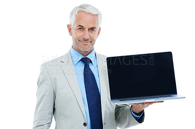 Buy stock photo CEO, portrait and businessman with laptop screen in studio isolated on a white background mockup space. Senior, manager and professional with computer display, advertising and show promotion on tech