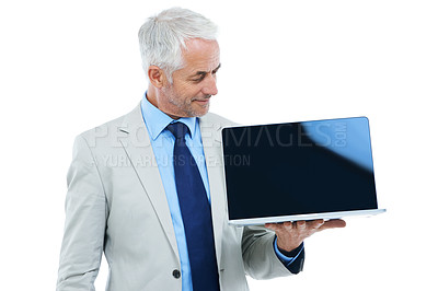 Buy stock photo Manager, businessman and laptop screen in studio isolated on a white background mockup space. CEO, senior and professional with computer display, advertising and show promotion information on tech